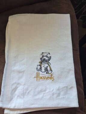 Harrods White Waffle Weave Hand/ Tea Towel with Embroidered Dog and Gold Leash